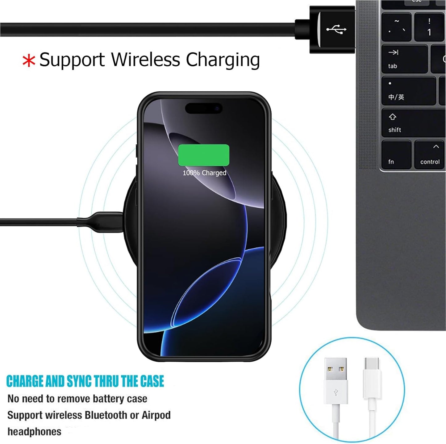 Battery Case for iPhone 16 Pro, Full Encircle 10000mAh High Capacity Rechargeable Portable Charger Case Extended Battery Pack for iPhone 16 Pro (6.3 inch) Wireless Charging Cover with Carplay-Black