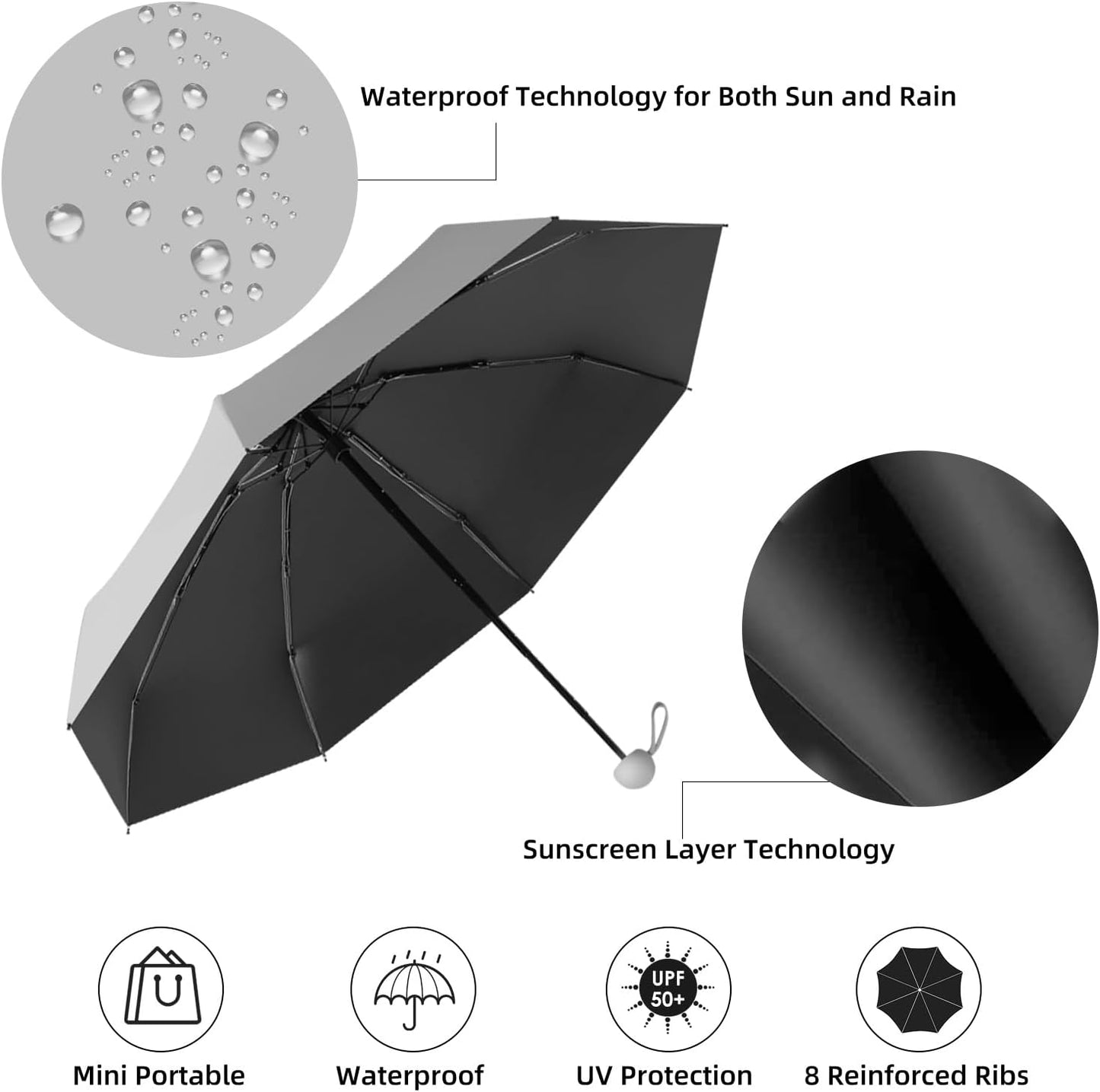 Travel Mini Folding Compact Umbrella with Case, 8 Ribs Lightweight Portable, Small Sun & Rain Pocket Umbrella for Girls and Women