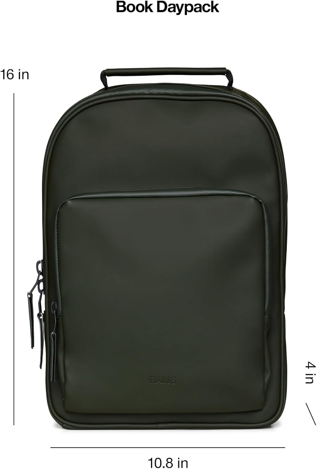 RAINS Book Daypack - Green Laptop Backpack for Men and Women, Waterproof Black Minimalist Commuter Bag with 15” Laptop Room, Front Zip Pocket - 2 Year Warranty