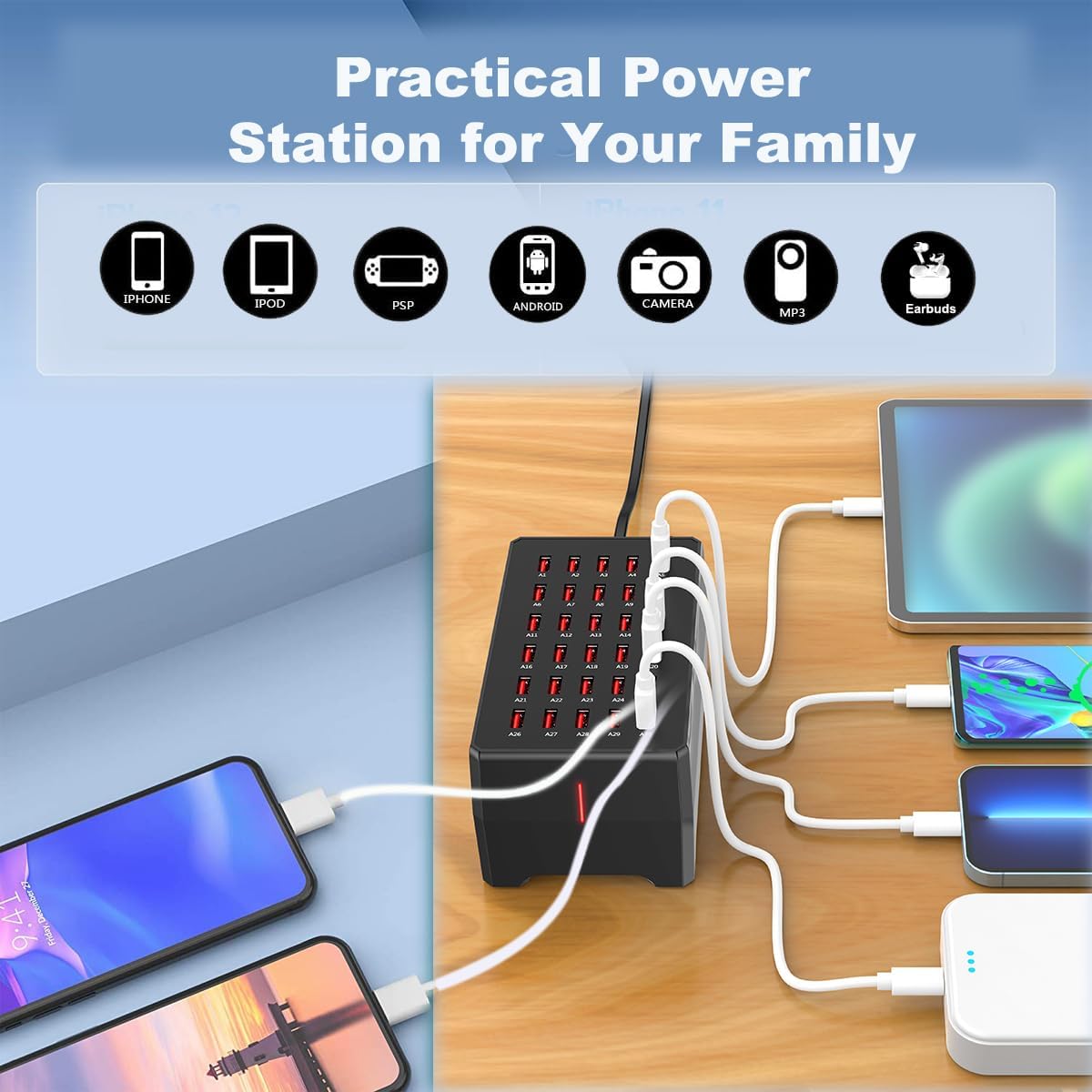 MaxLax USB Charger Station,30-Port 150W/30A Multiple USB Charging Station,Multi Ports Charger for Smartphones,Tablets,and Other Devices