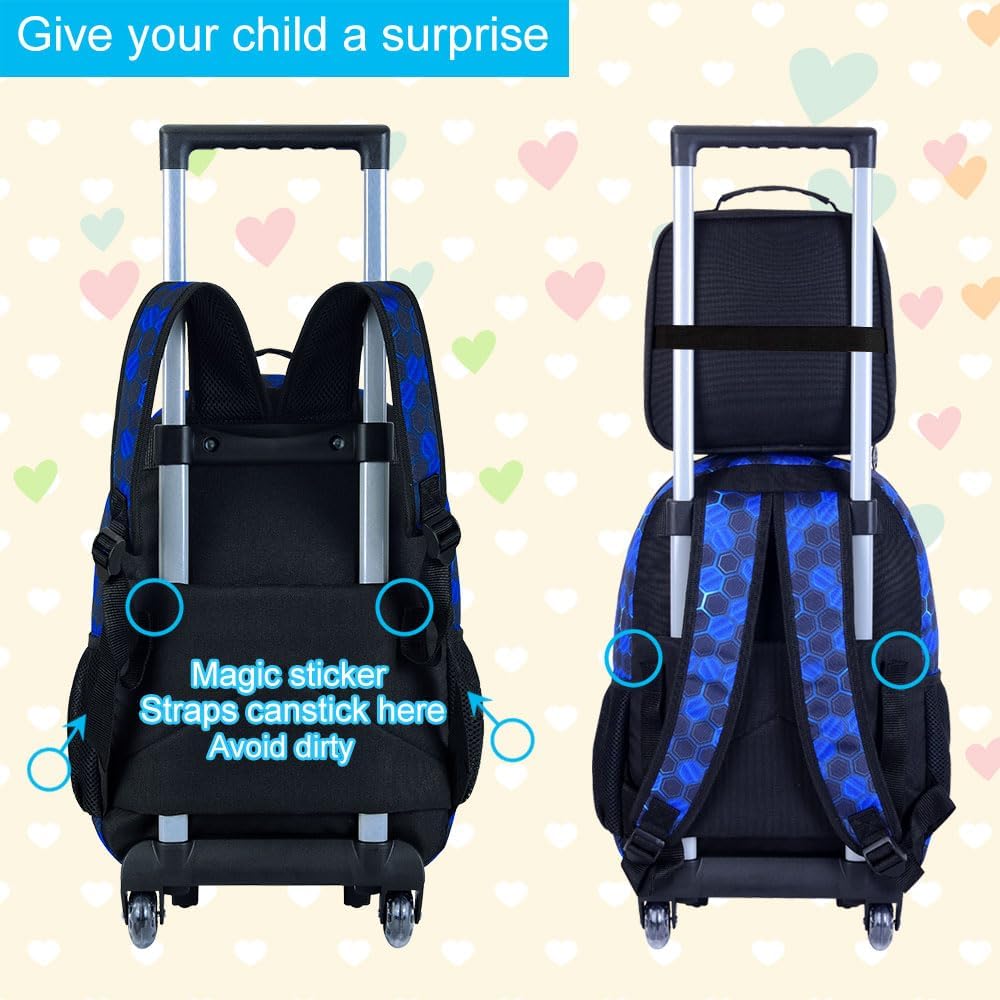 3PCS Rolling Backpack for Girls and Boys, Kids Roller Wheels Bookbag, Wheeled Elementary School Bag with Lunch Bag