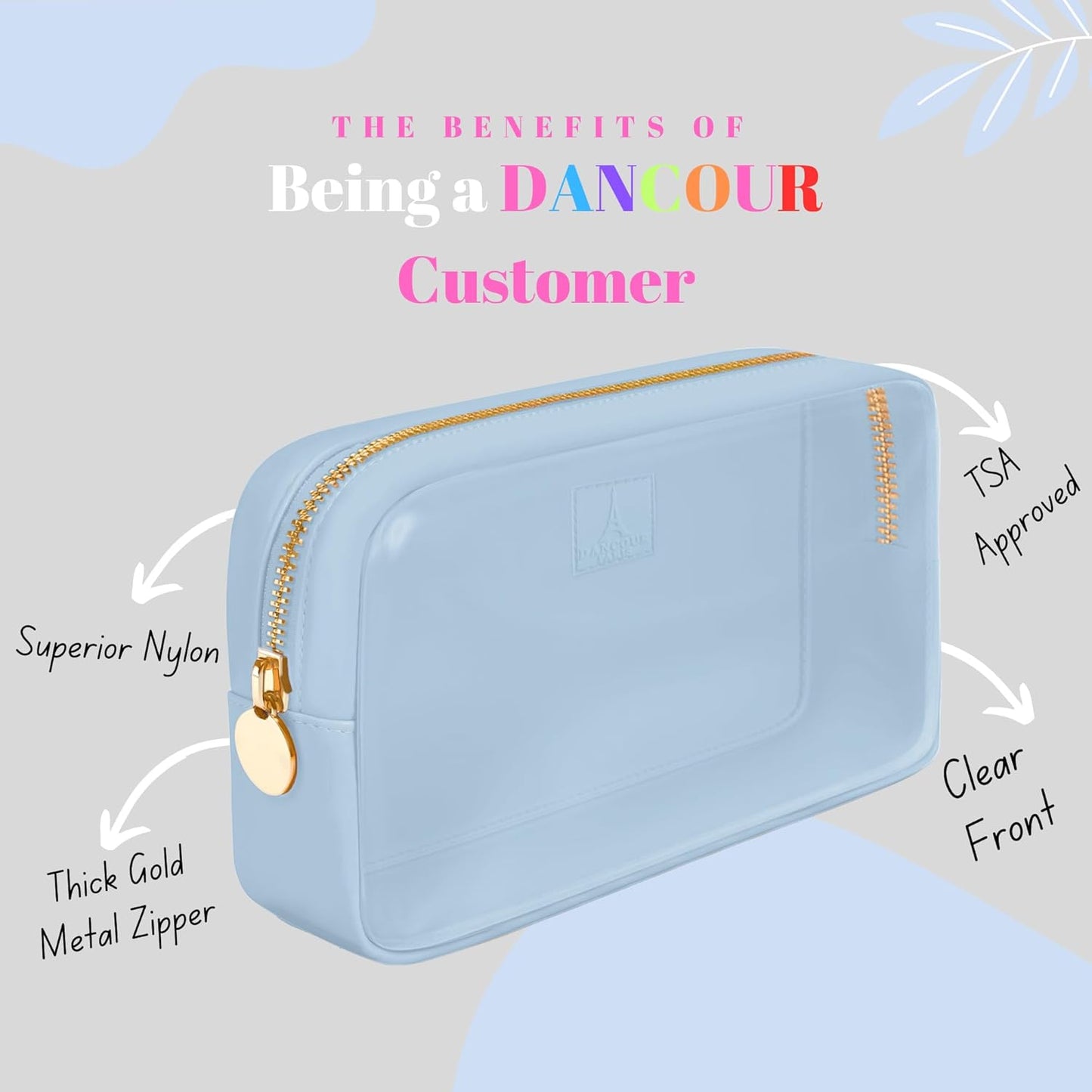 Small Clear Makeup Bag – Mini Pouch for Purse, Cosmetic Travel Case, Clear Cosmetic Bag, Light Blue