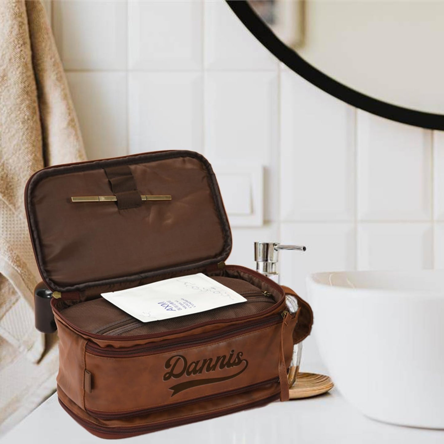 Personalized Toiletry Bag for Men, Large Capacity Custom Name Initials PU Leather Dopp Kit, Groomsmen Gift, Customized Travel Monogrammed Travel Shaving Bag, Handcrafted for Dad, Husband, Grandpa