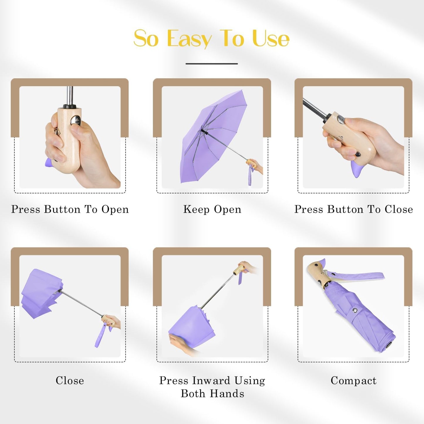 Cute Duck Umbrella Automatic - Compact Pretty Pocket Size Strong Duck Collapsible Umbrella Yellow Wooden Handle for Women