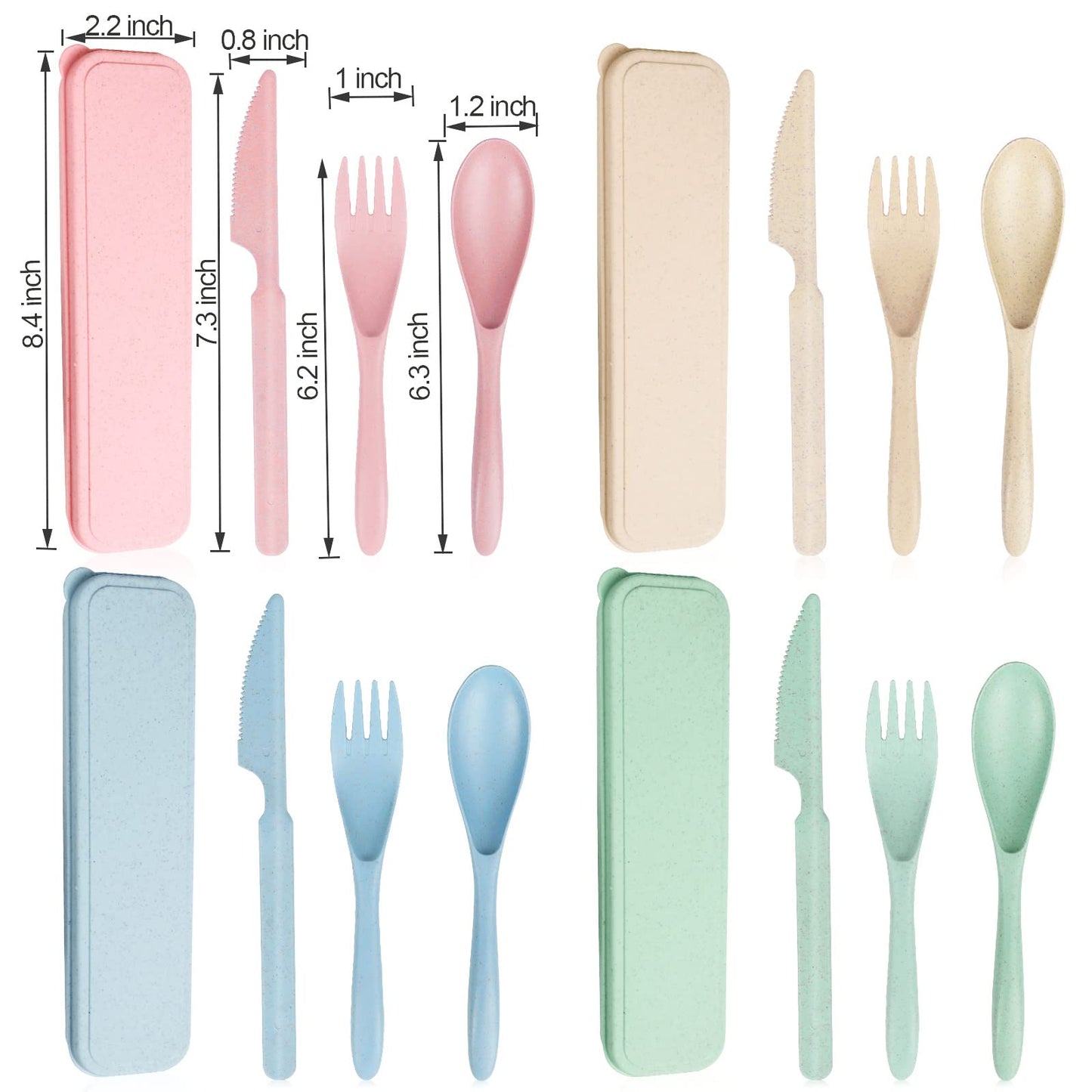Reusable Travel Utensils Set with Case, 4 Sets Wheat Straw Portable Knife Fork Spoons Tableware