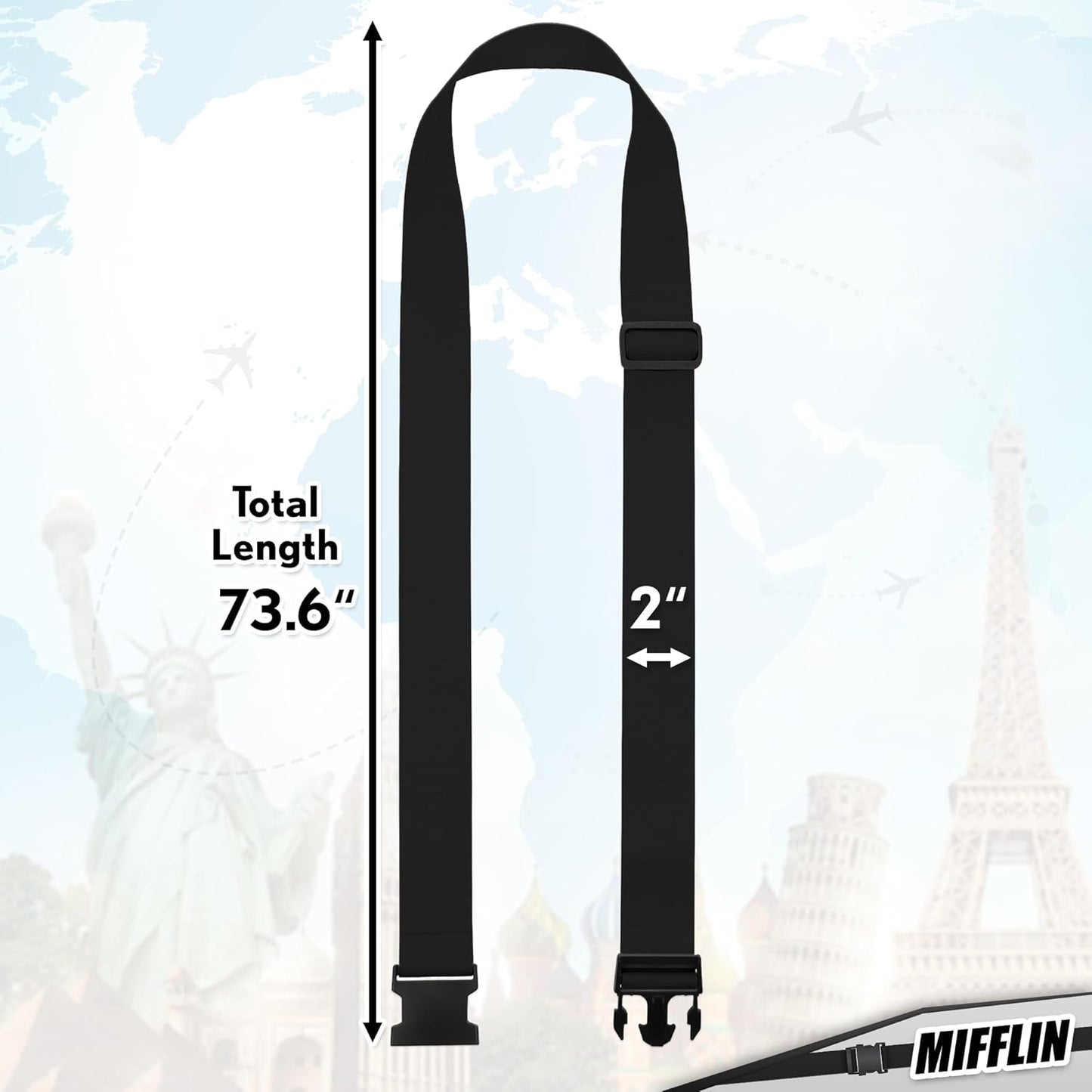 Luggage Straps - Black, 78" Long, 2 Inches Wide, 4 Pack - Adjustable Nylon Belt for Travel Suitcases & Bags - by Mifflin-USA