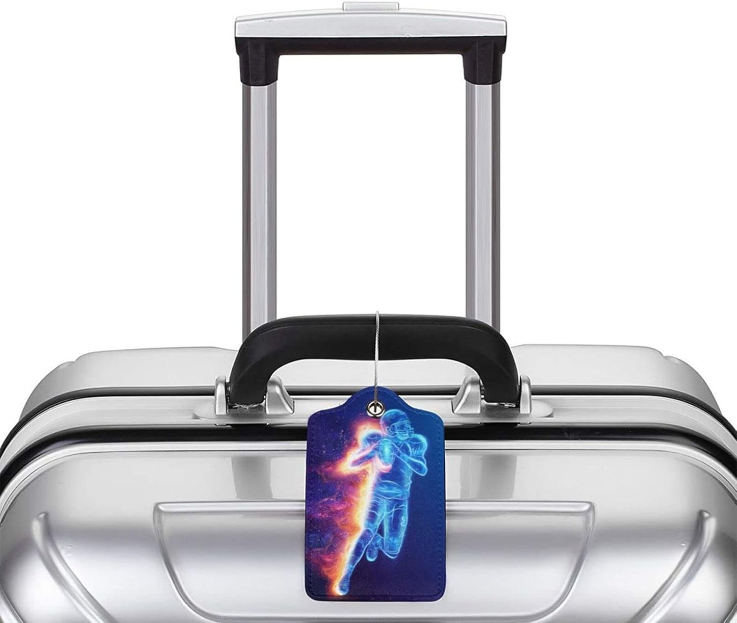Cool Blue Travel Luggage Tags Football Themed, 2Pcs Leather Suitcases Bag Tag for Sports Boys Men Kids, Name Labels Baggage Tags with Full Back Privacy Name ID Card Stainless Steel Loop