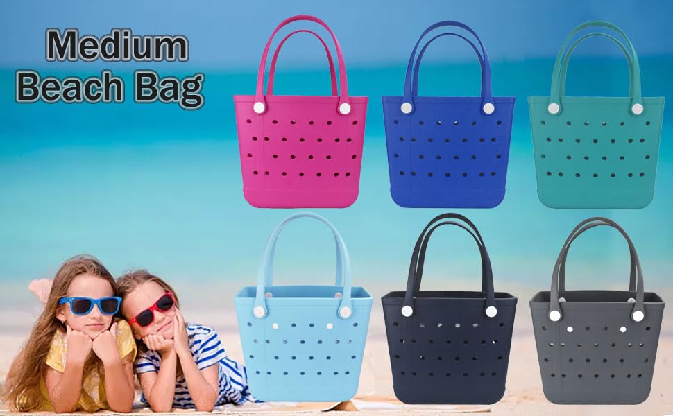 Medium Beach Bag, Waterproof Rubber Beach Bag, Washable Open Tote Bag Durable Tote Travel Bags for Outdoor Sport