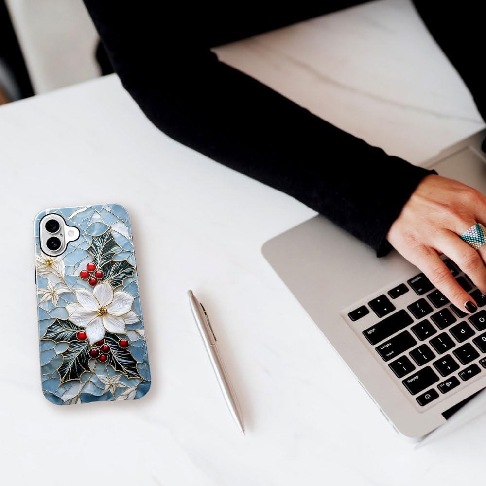 Case for iPhone 16 Plus - Slim Fit Anti-Scratch Phone Case for Girl Women - Christmas Holly Elegant Winter Floral (Glossy)