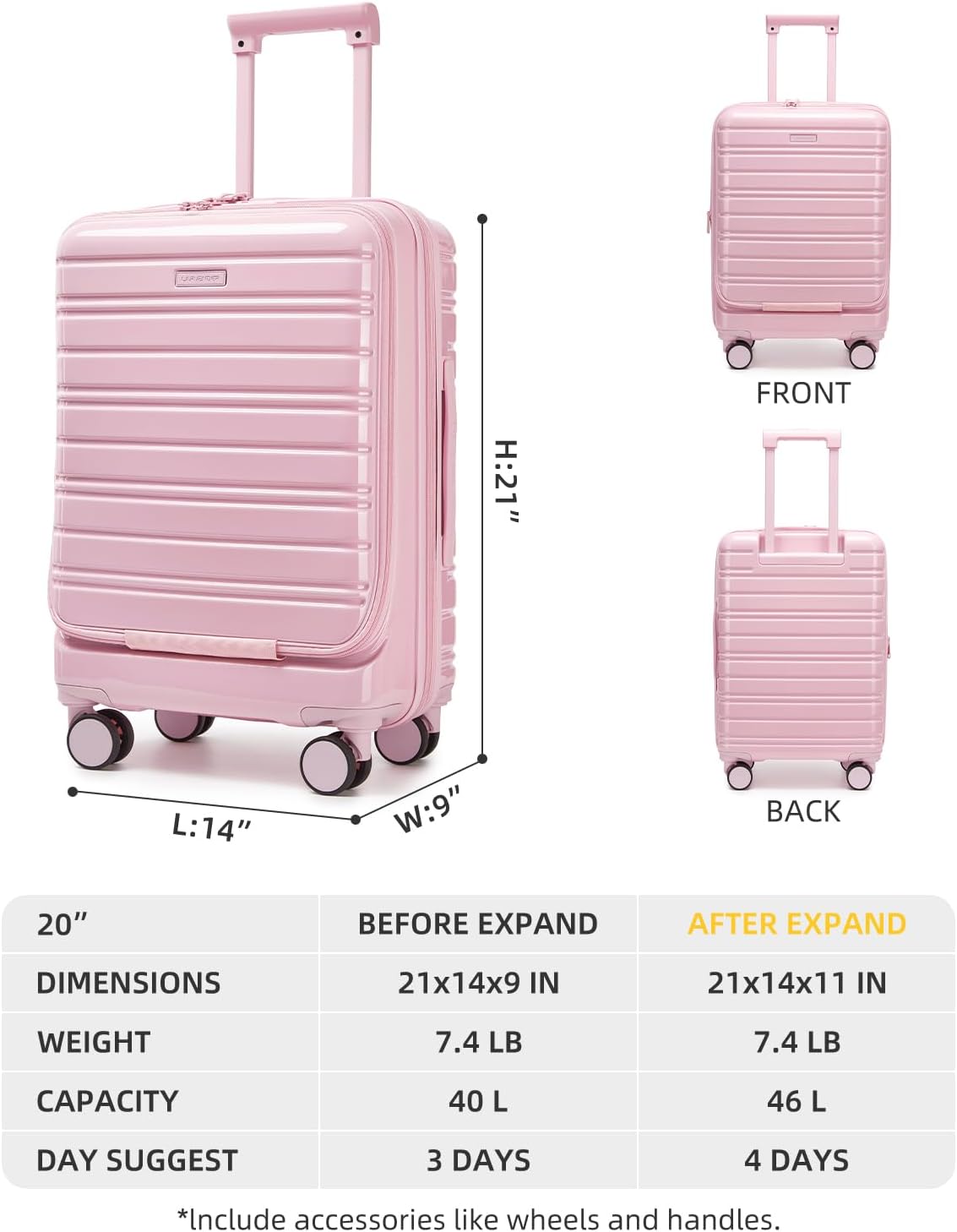 LARVENDER Carry On Luggage 22x14x9 Airline Approved, 20 Inch Expandable PC+ABS Hardside Carry On Luggage with Front Pocket Spinner Wheels TSA Lock for Women Men (Pink)