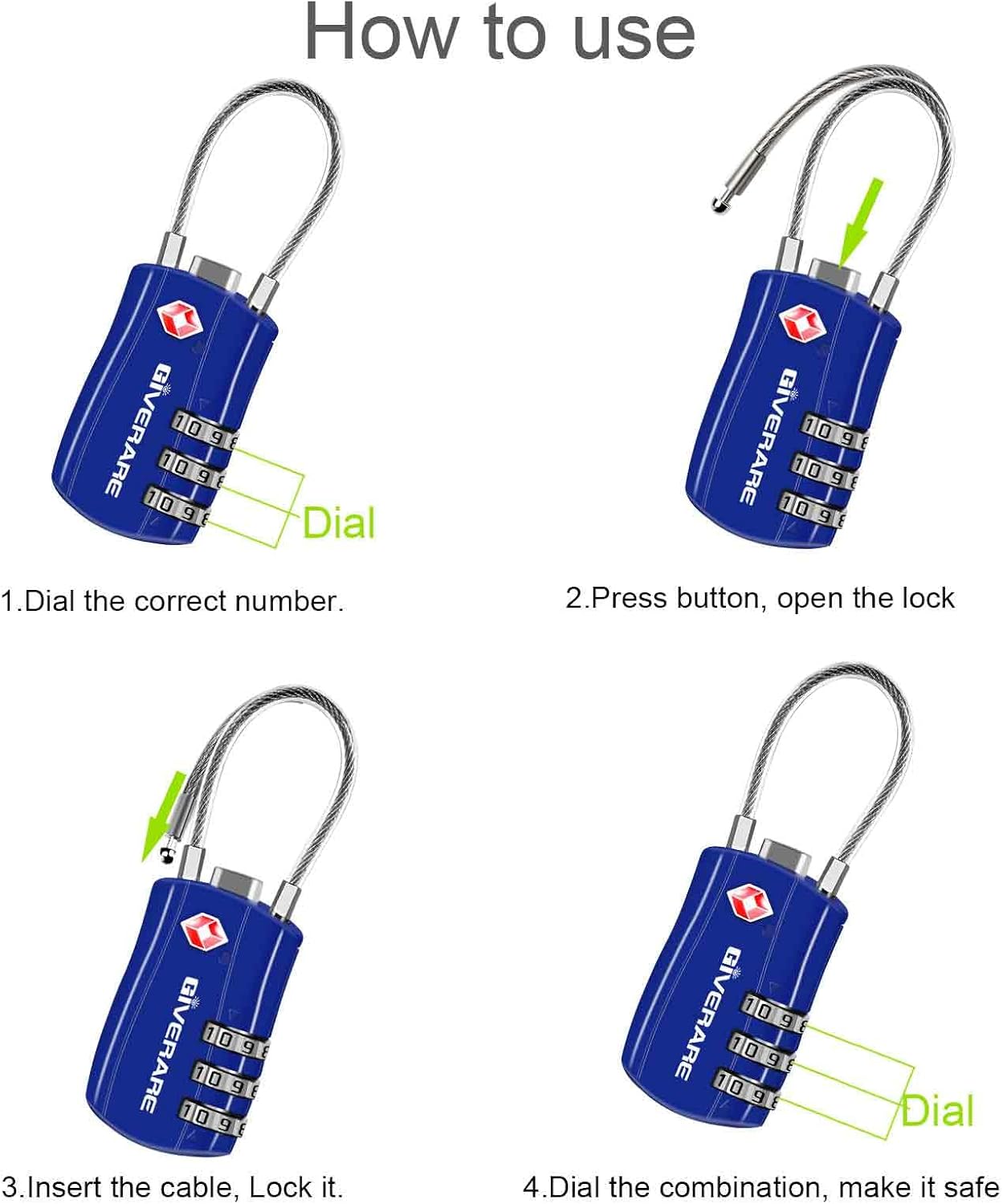 GIVERARE 2 Pack TSA Approved Luggage Locks, Combination Travel Cable Lock, Re-settable 3-Digit