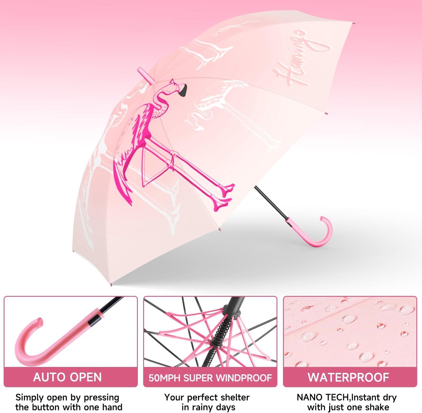 RUMBRELLA UV Stick Umbrella Auto Open UPF 50+ with J Hook Handle 51IN