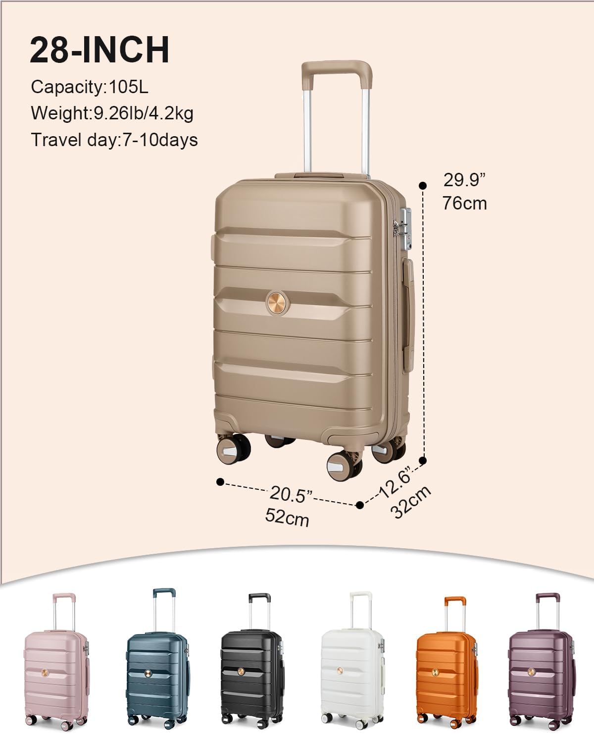 Somago 28 Inch Luggage With Spinner Wheels Hard Shell Polypropylene Suitcase with TSA Lock and YKK Zipper,Noble Golden