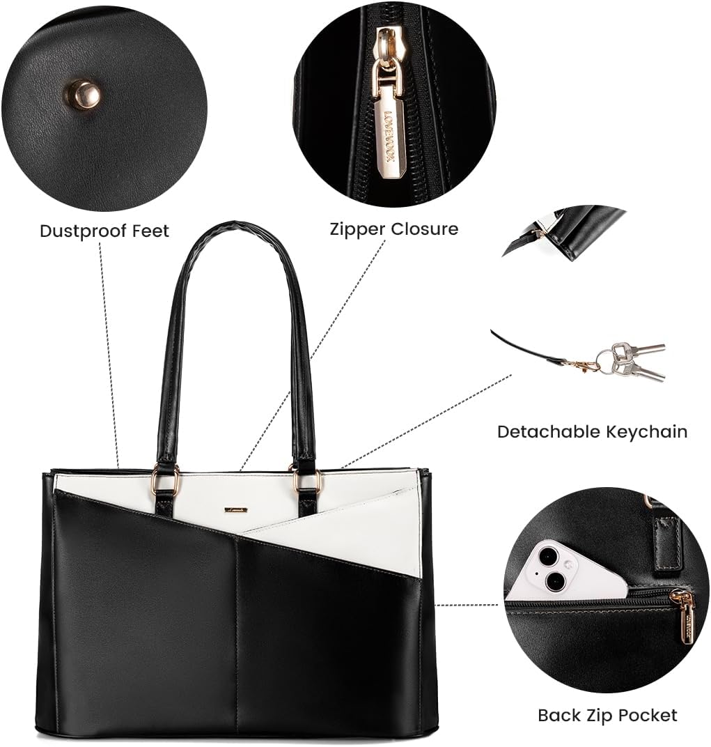 LOVEVOOK Laptop Bag for Women 15.6 Inch Tote Bags Waterproof Leather Briefcase Computer Women Business Office Work Bag,Black-White