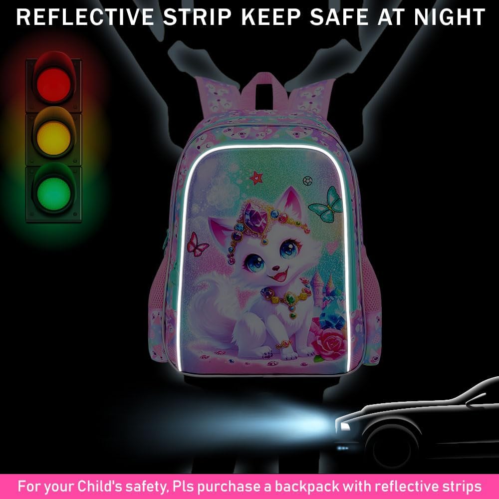 3Pcs Fox Backpack for Girls, 16" Kids Bookbag with Lunch Box,School Backpacks for Elementary Preschool Kindergarten (Pink)