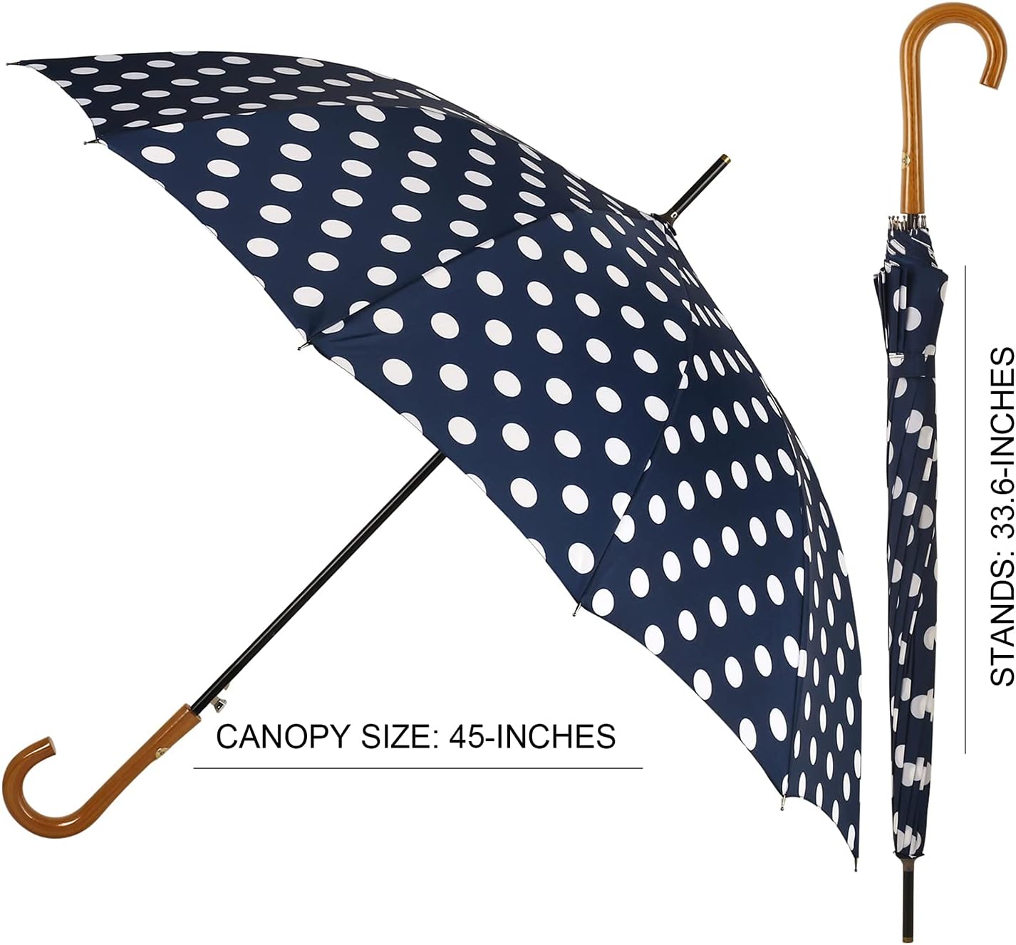 Agaric Classic Wooden Hook Handle J Stick Umbrella Auto Open Windproof Umbrella for Women (Navy Blue)