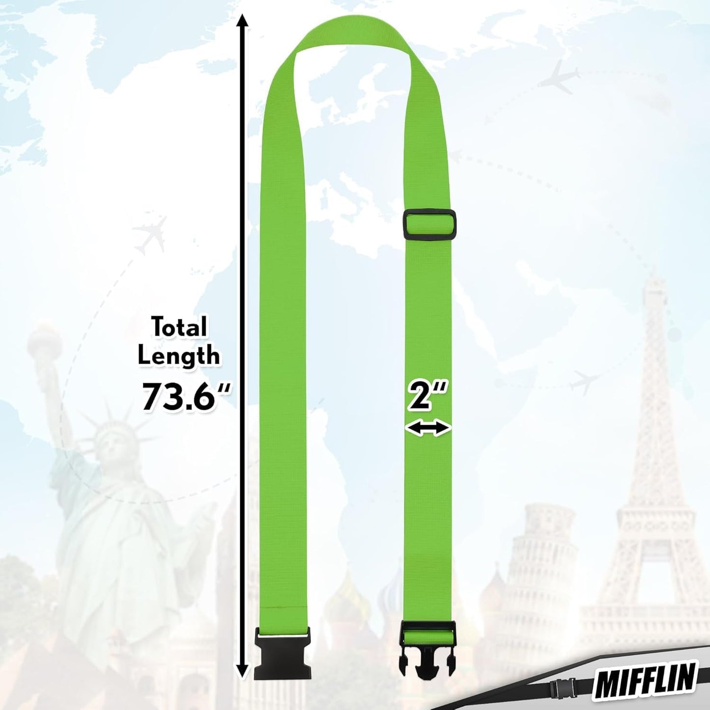 Luggage Straps - Neon Green, 78" Long, 2 Inches Wide, 4 Pack - Adjustable Nylon Belt for Travel Suitcases & Bags - by Mifflin-USA