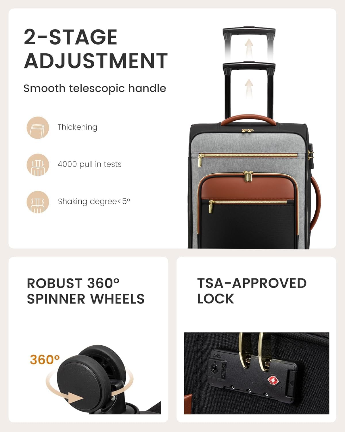 LOVEVOOK Carry on Suitcase 22x14x9 Airline Approved,20 inch Lightweight Waterproof Suitcases with 360° silent swivel wheels, TSA Lock and Compartment, Large Capacity travel Suitcase Black-gray-brown