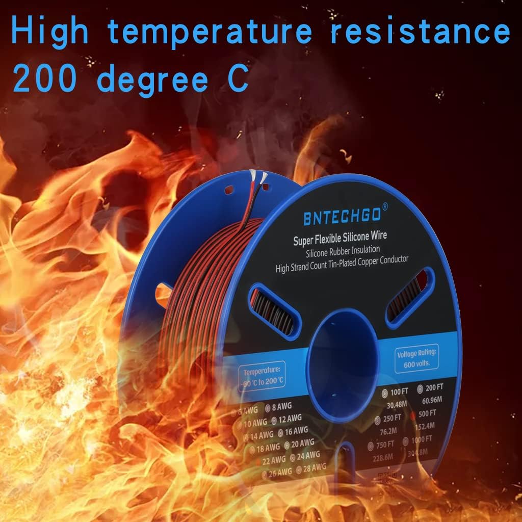 BNTECHGO 22 Gauge Flexible 2 Conductor Parallel Silicone Wire Spool Red Black High Resistant 200 deg C 600V for Single Color LED Strip Extension Cable Cord,Model,500ft Stranded Tinned Copper Wire