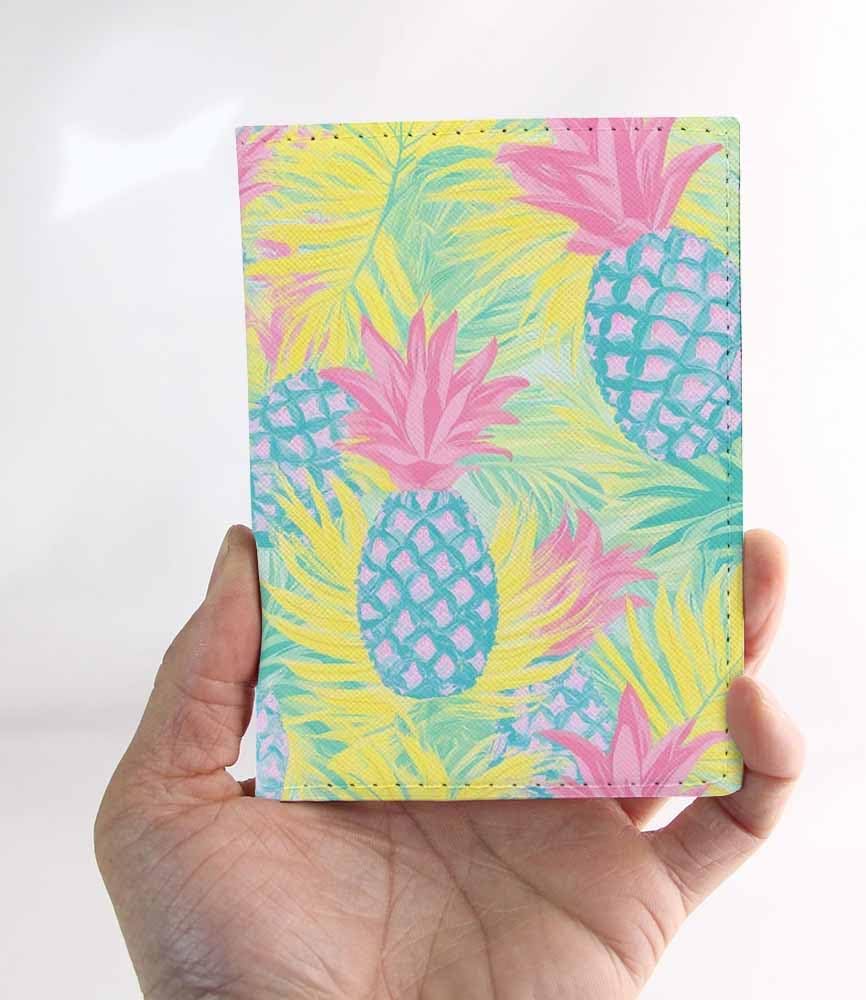 Pineapples Passport Holder for Travel Palm Leaves Art Design PU Leather Passport Cover Wallet Cute Passport Card Holder for Women and Men