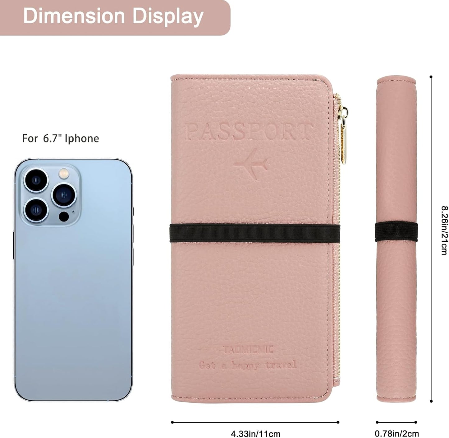 DOB SECHS Leather Passport Wallet for Women, RFID Blocking Passport Holder with Zipper for Travel, Credit Card Cover Case, Travel Document Organizer Pouch Bag +ID Window+Cash Pocket+SIM Slot, Pink