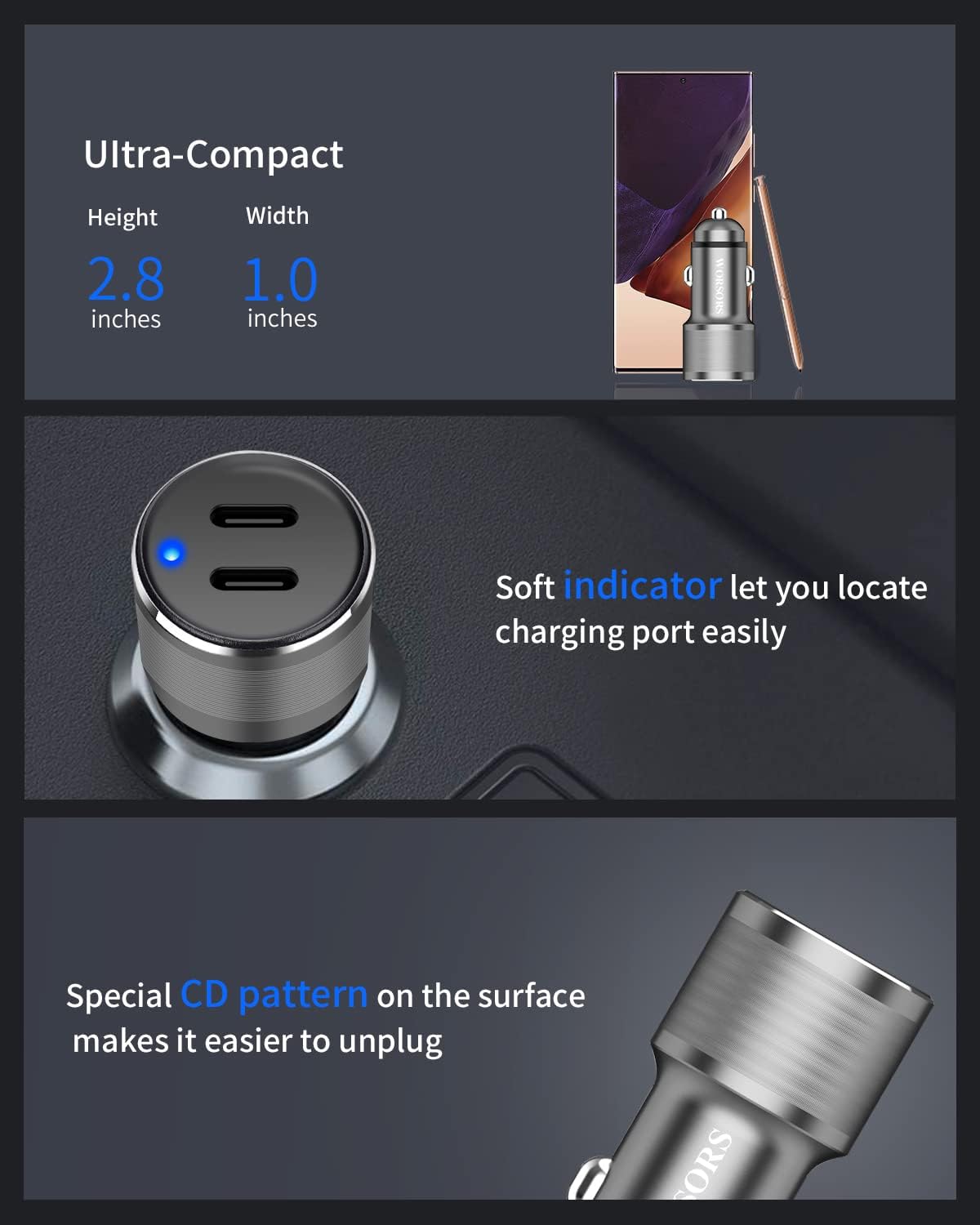 Dual 45W USB C Car Charger, 90W Max Super Fast Charging, All Metal 12V Cigarette Lighter Adapter for iPhone 17 Pro Max/16/15/iPad, Samsung Galaxy S25/S24, Google Phones with 2 Type C Cable 3.3ft Gray
