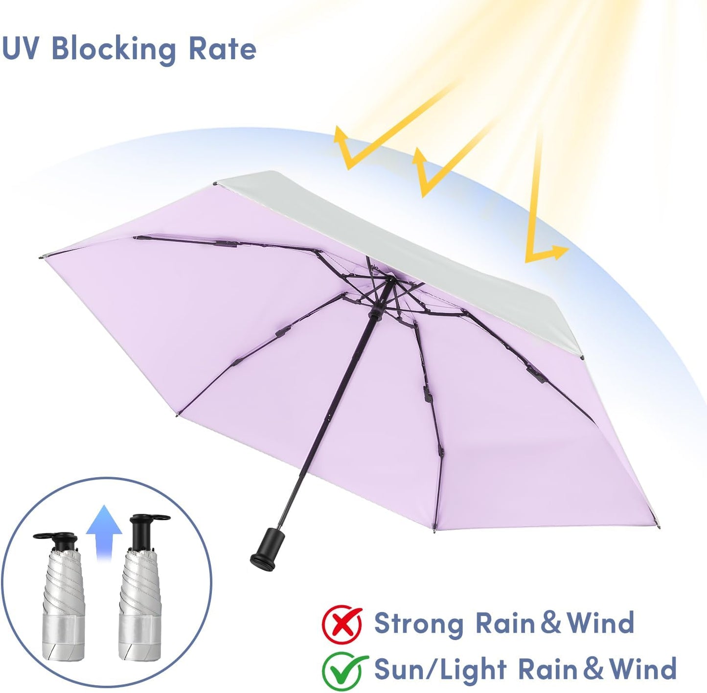 LEAGERA UPF 50+ Mini Umbrella for Travel - Compact Folding Sun Umbrella for Walking Summer Lightweight Purse Small Umbrellas for Women Girls