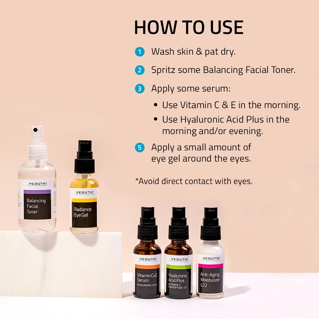 YEOUTH Skin Care Set: Hyaluronic Acid Serum for Face, Vitamin C Serum, Facial Toner, Under Eye Gel, Face Cream, Skin Care Kit for Women & Men 5-Piece