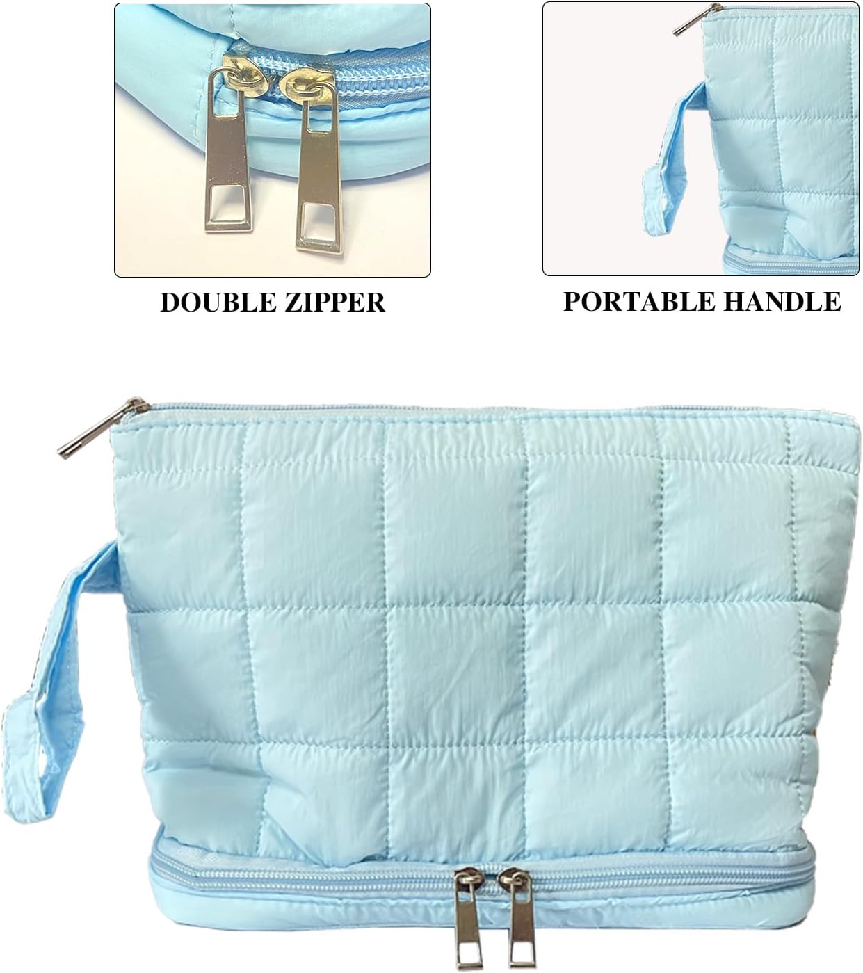 Blue Puffy Puffer Makeup Bag for Purse Small Makeup Pouch Quilted Cosmetic Bag Cute Cotton Toiletry Pouch Bag for Women