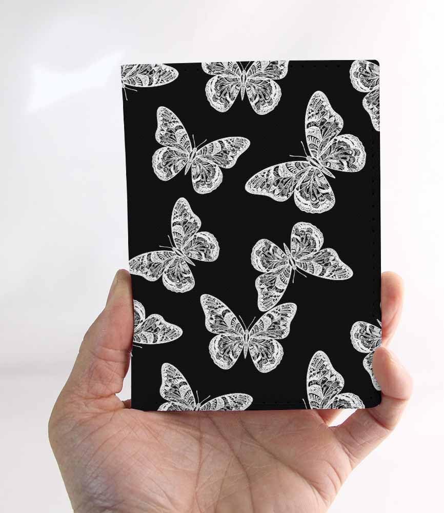 Monochrone Butterflies Passport Holder for Travel Bohomian Hippie Black PU Leather Passport Cover Wallet Cute Passport Card Holder for Women and Men