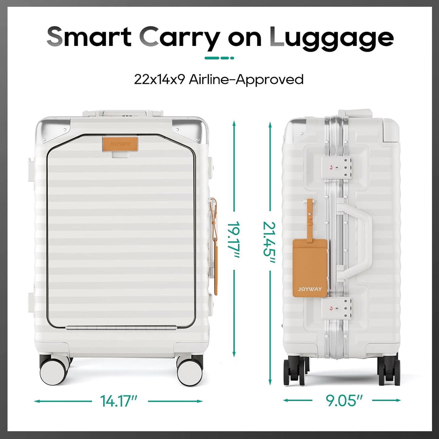 Joyway 20 Inch Carry on Luggage with Aluminium Frame and Front Pocket, PC Hardshell Suitcase with USB Port and Cup Holder, 21.5x14.2x9 Airline Approved, Luggage with Spinner Wheels and TSA Lock(White)