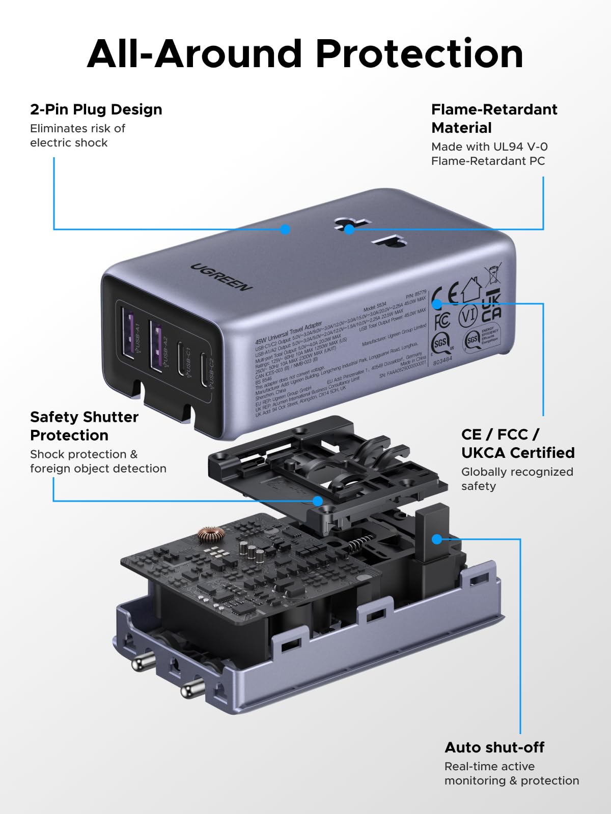 UGREEN 45W 6-Port Universal Travel Plug Adapter Worldwide