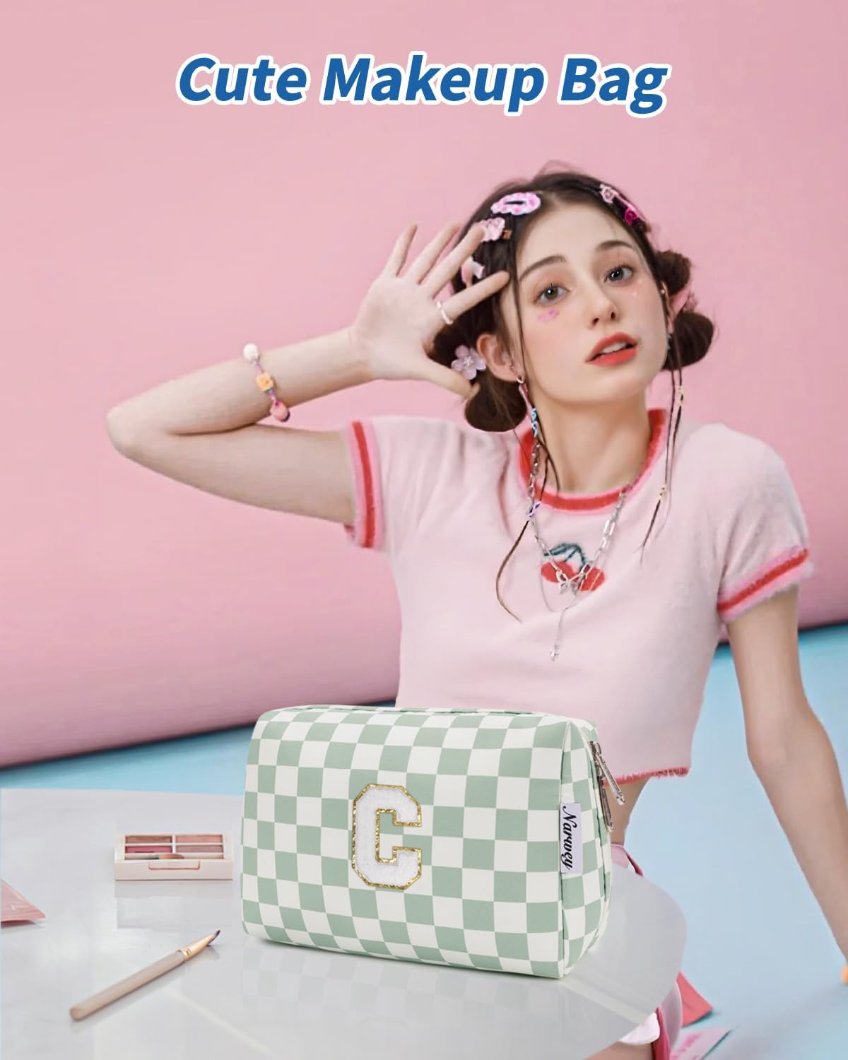 Narwey Birthday Gifts for Teen Girls Women Personalized Initial Checkered Makeup Bag Preppy Cosmetic Bag Trendy Stuff 6 8 10 11 12 13 14 16 18 Years Old Travel Toiletry Bag (Green Letter C)