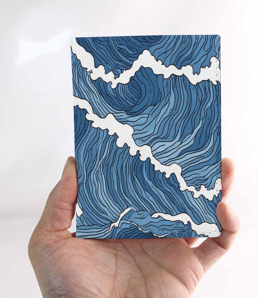 Wave Passport Holder for Travel Japanese Abstract Blue White Surf PU Leather Passport Cover Wallet Cute Passport Card Holder for Women and Men