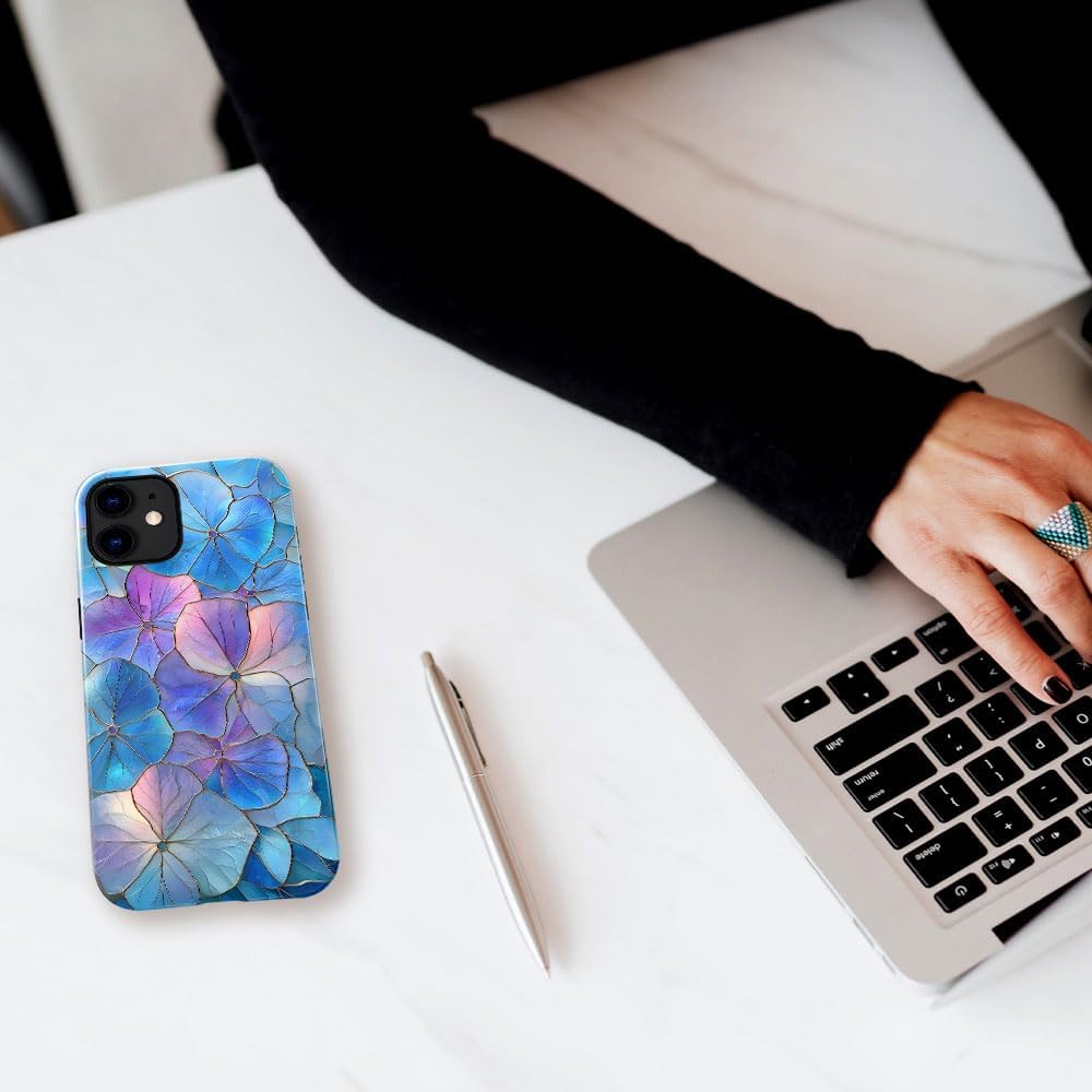 Case for iPhone 12 - Slim Fit Anti-Scratch Phone Case for Girl Women - Blue Hydrangea Floral Stained Glass Aesthetic (Glossy)