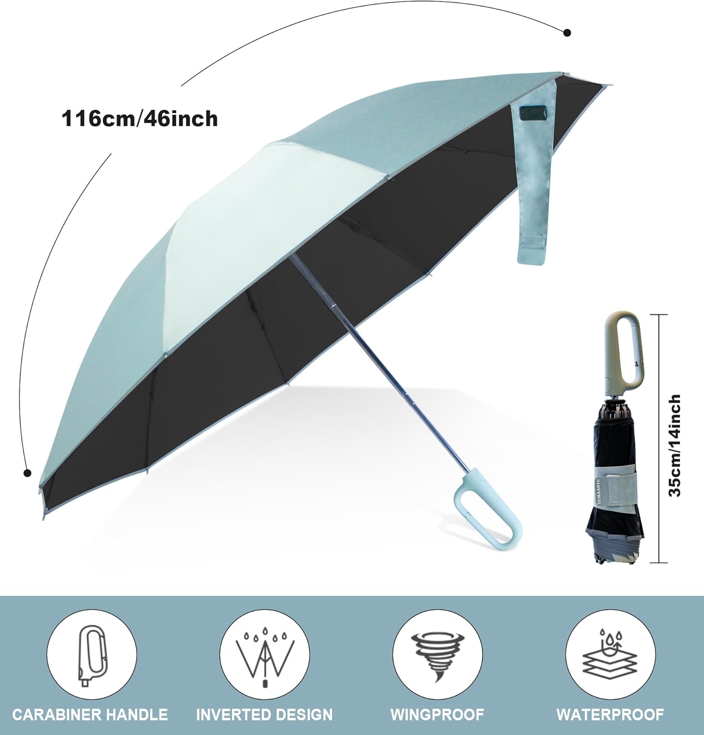 QWB TUMAAOTU Inverted Umbrella with Carabiner Handle, Wind Proof Umbrellas For Rain and Sun, 46 Inch Portable Reverse Folding UV Umbrella, Car Umbrella for Women Men, 10 Ribs