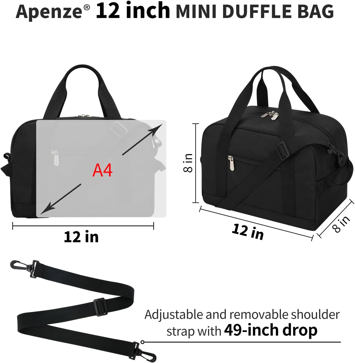 Small Gym Bag Carry On Bag - 12 in Mini Duffle Bag Lightweight for Overnight Travel(Black)