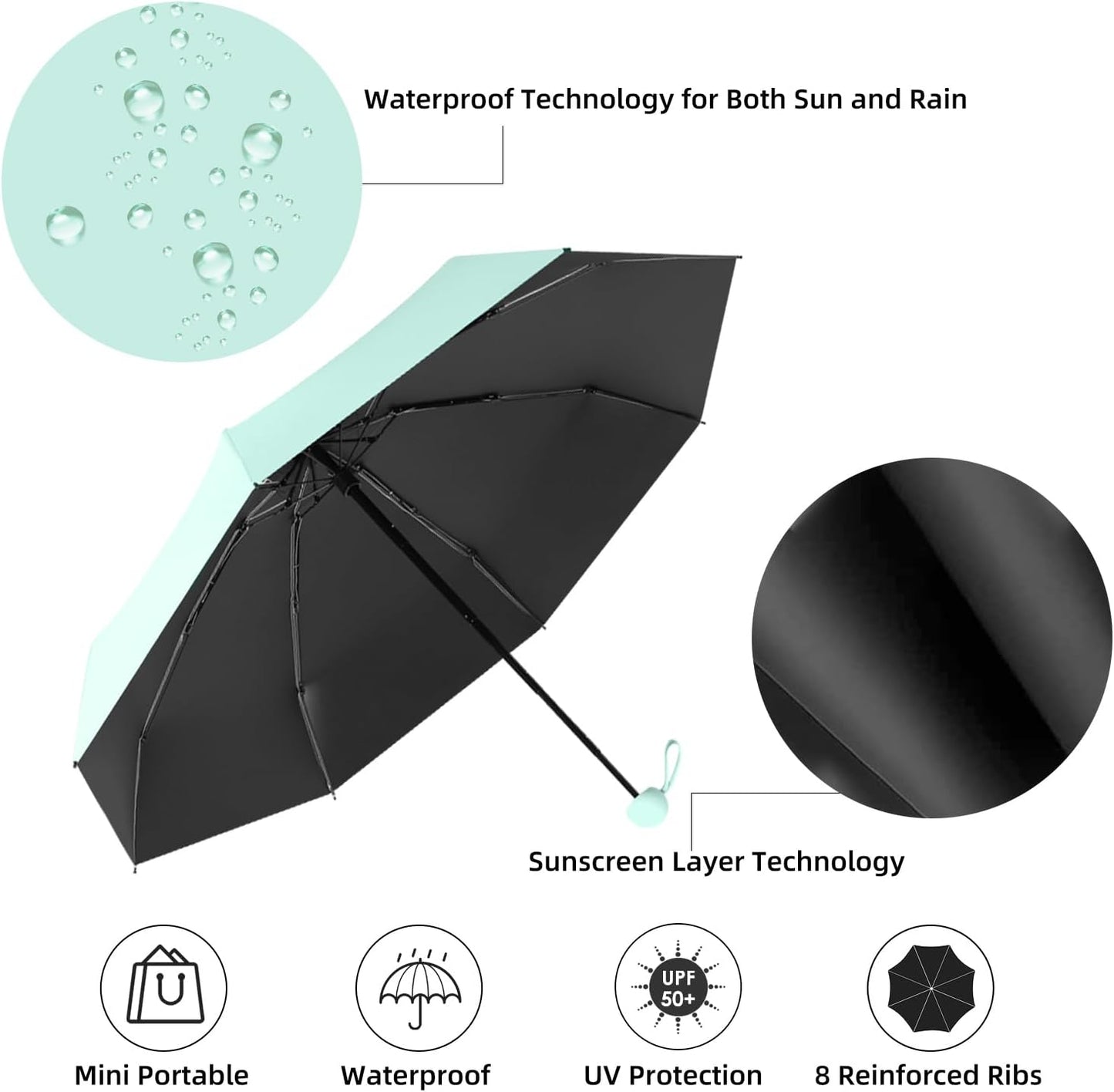 Travel Mini Folding Compact Umbrella with Case, 8 Ribs Lightweight Portable, Small Sun & Rain