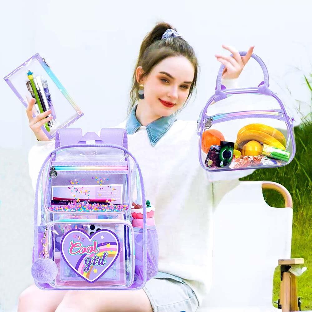 3PCS Girls Clear Backpack Heavy Duty, Cute Sequins See Through School Bag with Handbag, Womens Purple Transparent Bookbag