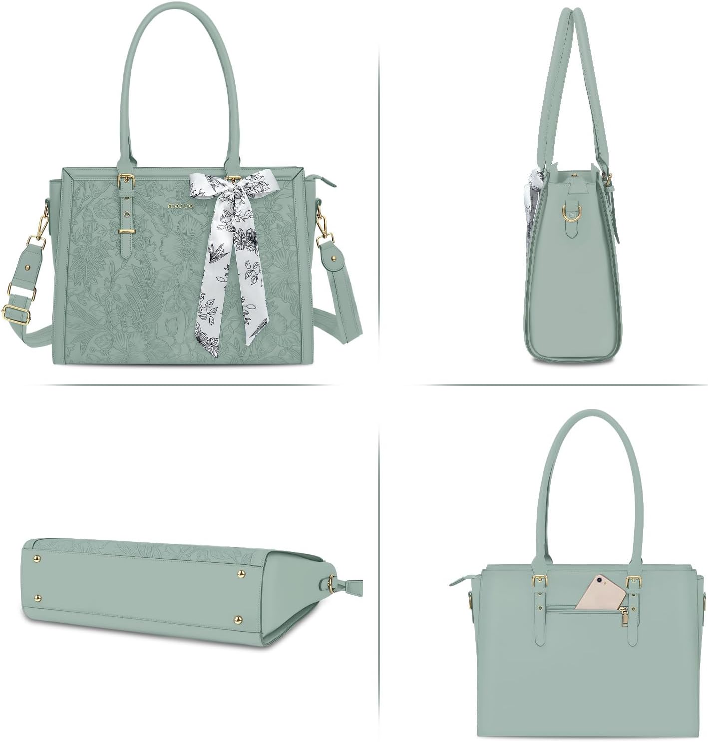 MOSISO Laptop Bag for Women, PU Leather Tote Bag, Front Embossed Retro Hibiscus Computer Bags with Silk Scarf&Clutch Purse