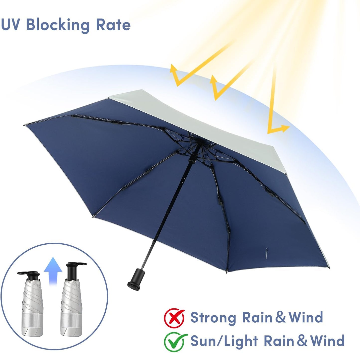 LEAGERA UPF 50+ Mini Umbrella for Travel - Compact Folding Sun Umbrella for Walking Summer Lightweight Purse Small Umbrellas for Women Girls