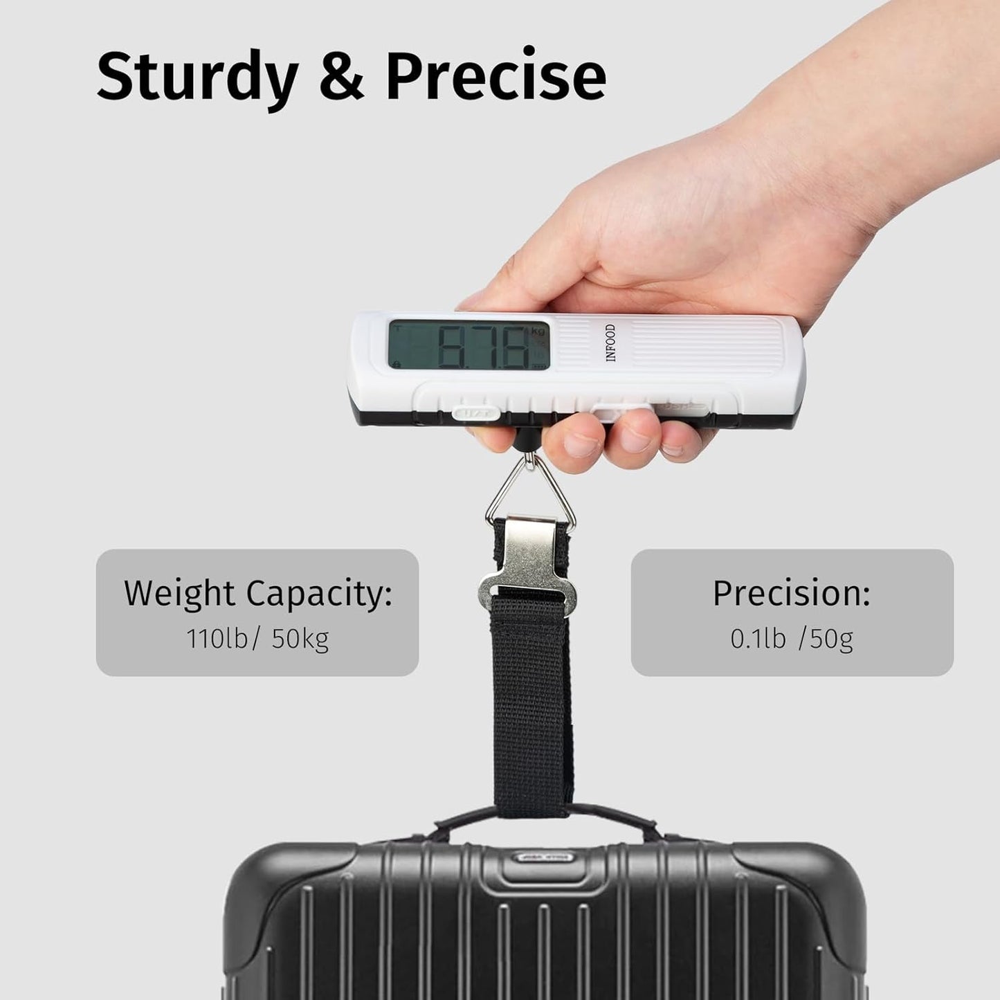 Battery-Free Digital Luggage Scale, Suitcase Scale for Travel, Portable Luggage Weight Scale with Hook & LCD Display for Luggages, Packages & Bags, 110lb/50kg Handheld Scale, White