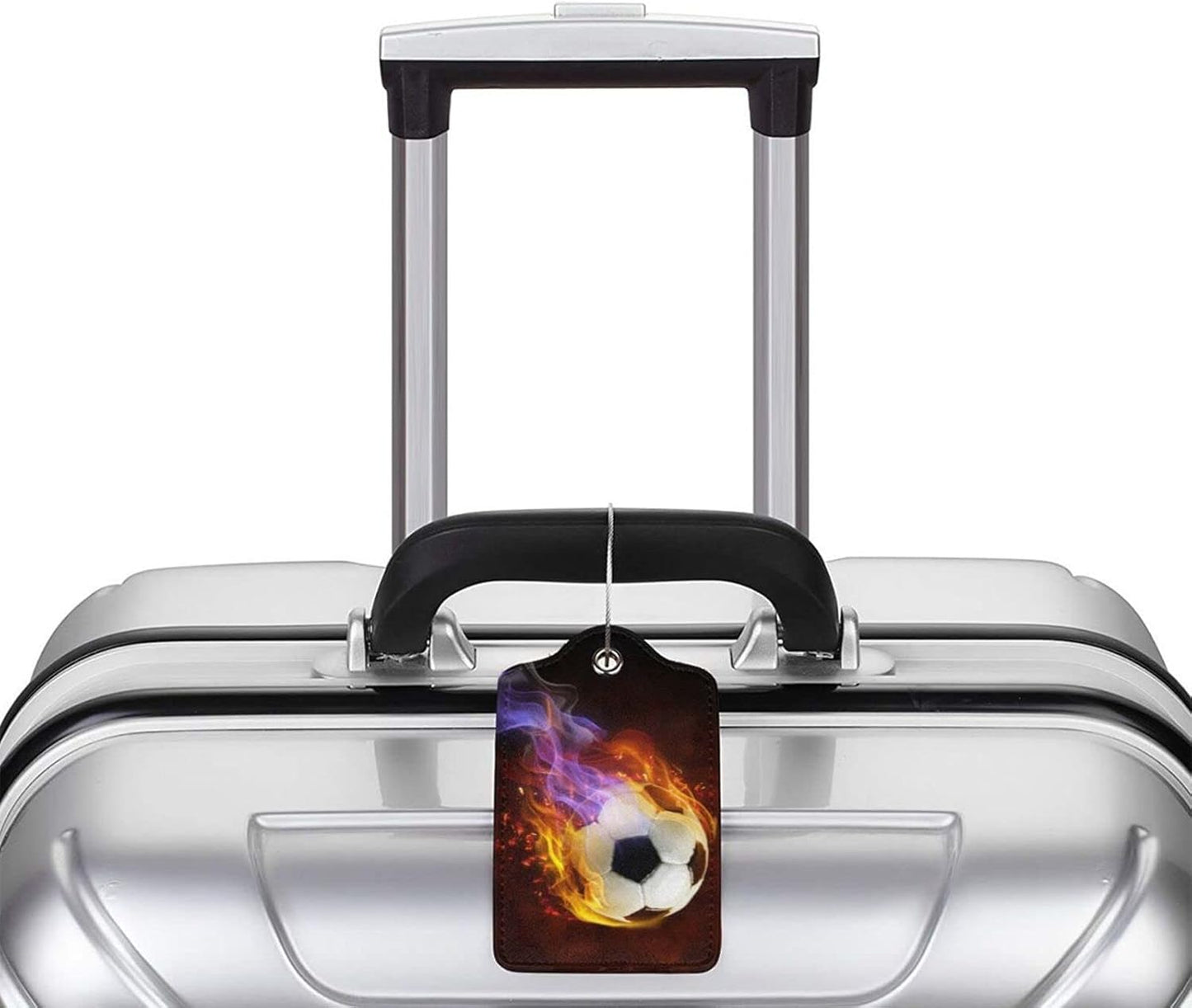 2 Pack Soccer Luggage Tag for Suitcases for Travel, Sports-Themed Backpack Bag Case Tags for Teen Boys Men Cool Flame PU Leather Baggage Tag with ID Label Privacy Flap Cover
