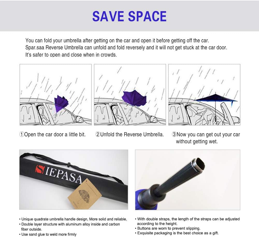 SIEPASA 49/56 Inch Inverted Reverse Upside Down Umbrella, Extra Large Double Canopy Vented Windproof Waterproof Stick Golf Umbrellas with C-shape Handle.