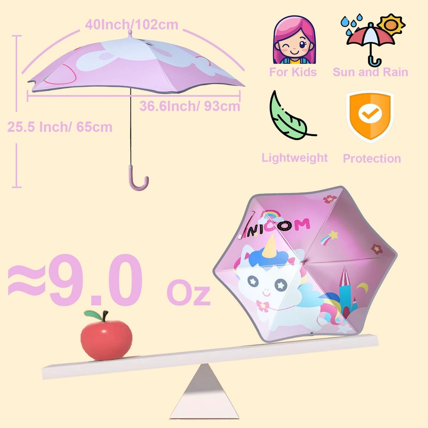 Kids UV and Rain Umbrella Sun Protection With Round Edges for Boys Girls Toddlers Easy Grp Curved Handle Stick Umbrella with Reflective Strip