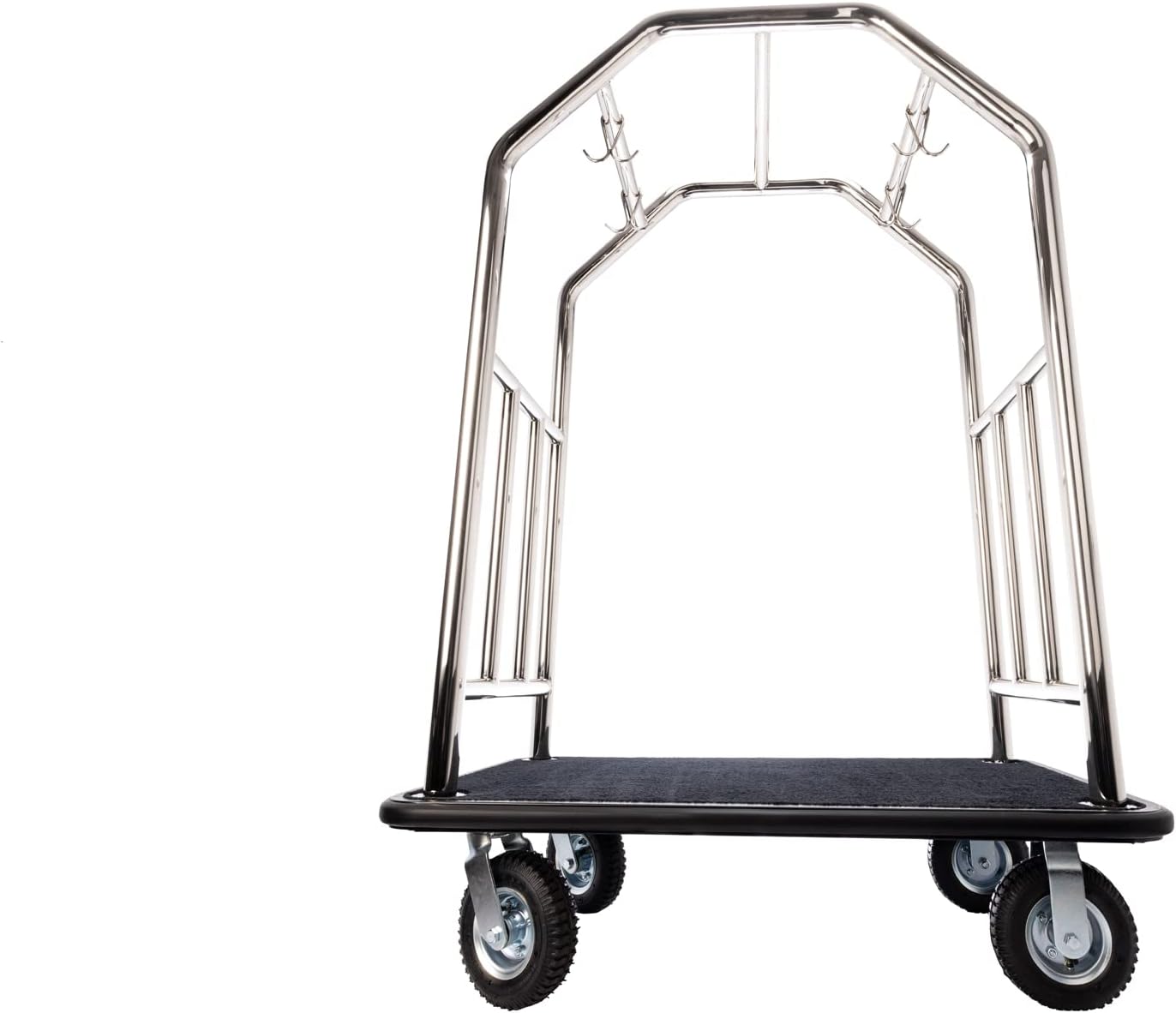 Grand Lux Stainless Steel Luggage Cart – Hotel Bellman Cart – 2" Welded Steel Frame Valet w/Plush Carpeted Deck, 8" Wheels – Ideal for Hotel Resorts, Large Events - 1000 LB