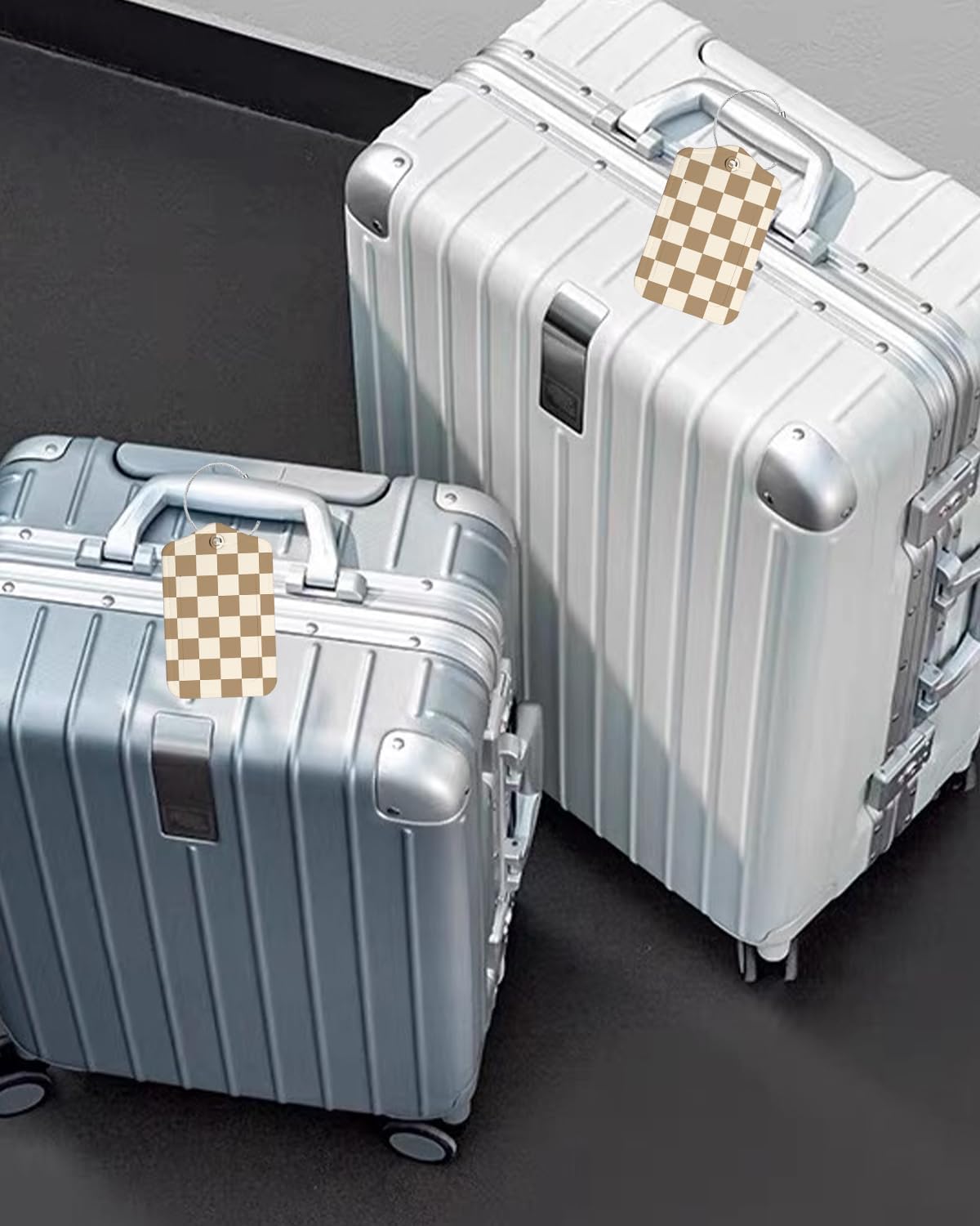 2 Pack Luggage Tags for Suitcase, Fashion Leather Suitcase Tags Cruise Ship with Privacy Cover and Double Metal Loop for Women Men Girls Boys Travel Baggage Bag Backpack Tags,Beige Checkered