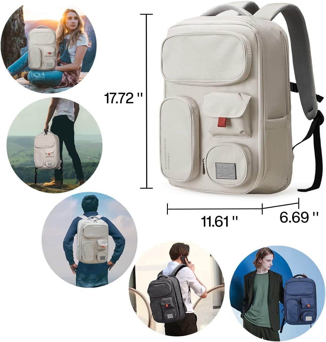 mixi Travel Backpack for Women & Men 15.6'' Laptop Carry On Weekender Bag Outdoor Hiking with Multifunction Pockets 180° Open Water Resistant 18 Inch 22L, Moonlight White