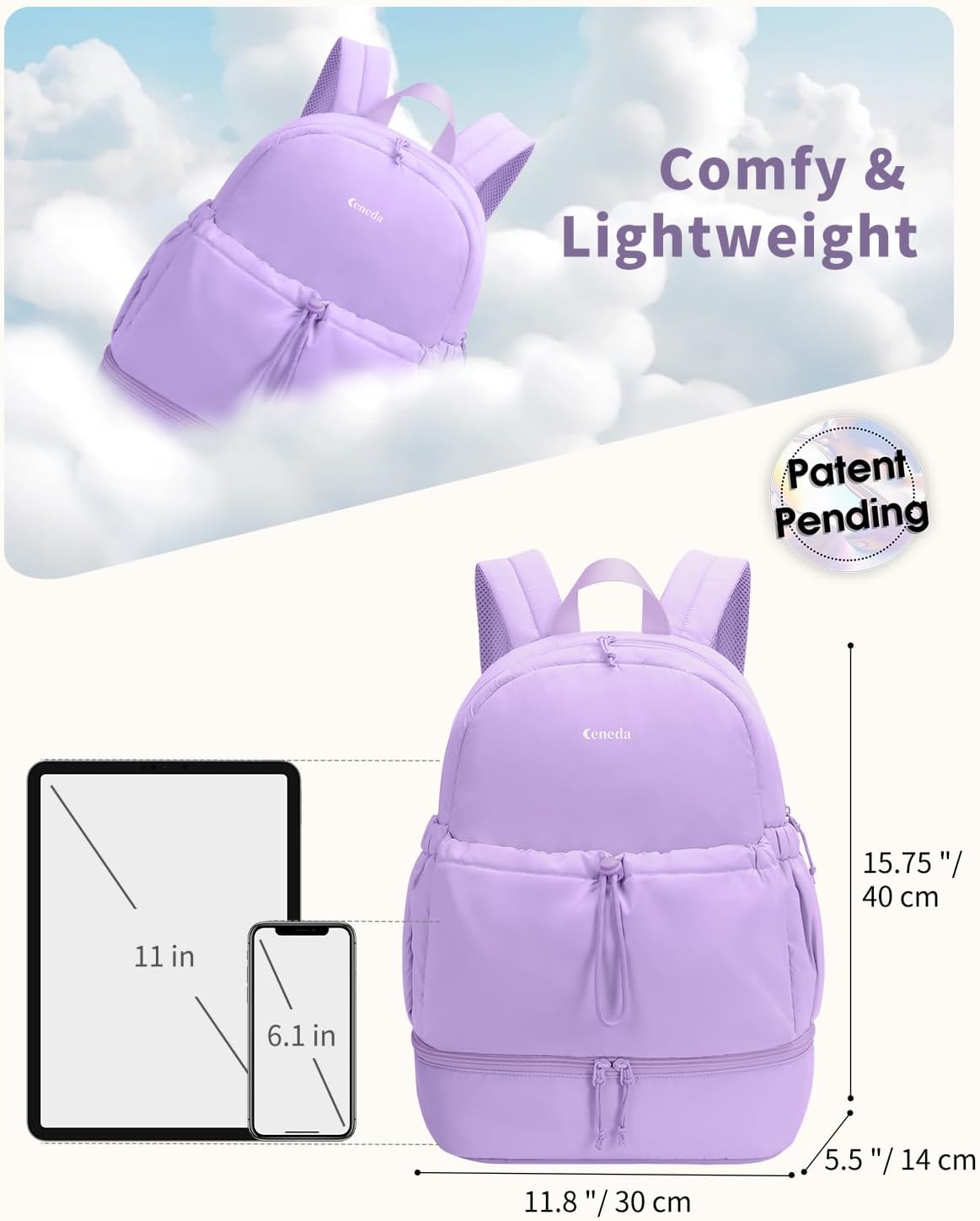 Ceneda Gym Backpack for Women, Lightweight Puffer Backpack with Shoe Compartment, Wet Pocket & Tumbler Strap, Cute Daypack for Fitness, Daily Use & Travel (Purple)