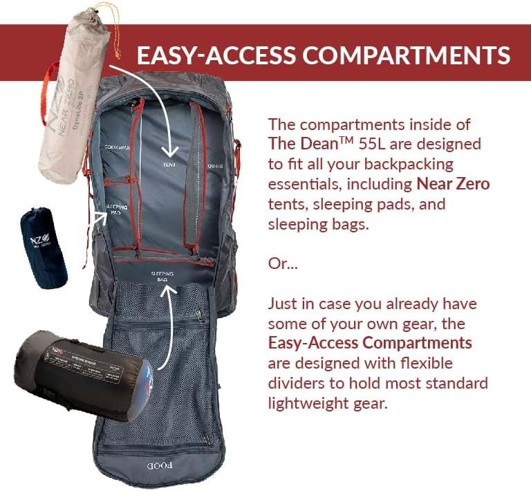NEAR ZERO Dean Ultralight Organizational Hiking Backpack for Backpacking Adventures | 55L Camping Essentials Bag | Adjustable Torso | Ultralight 3.8 lbs Trekking Bag